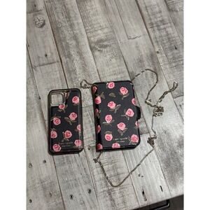 Kate Spade iPhone 11 Pro Magnetic Folio Crossbody Case Black Pink Rose Floral
